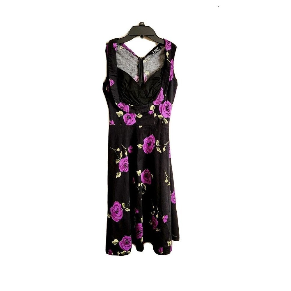 Dollz & Dames Black Purple Rose Pattern Swing Dress Size Small Rockabilly Pinup